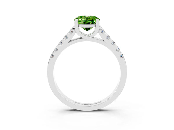 Silver Oval Cut Peridot Pavé Band Solitaire Ring with Prong Setting