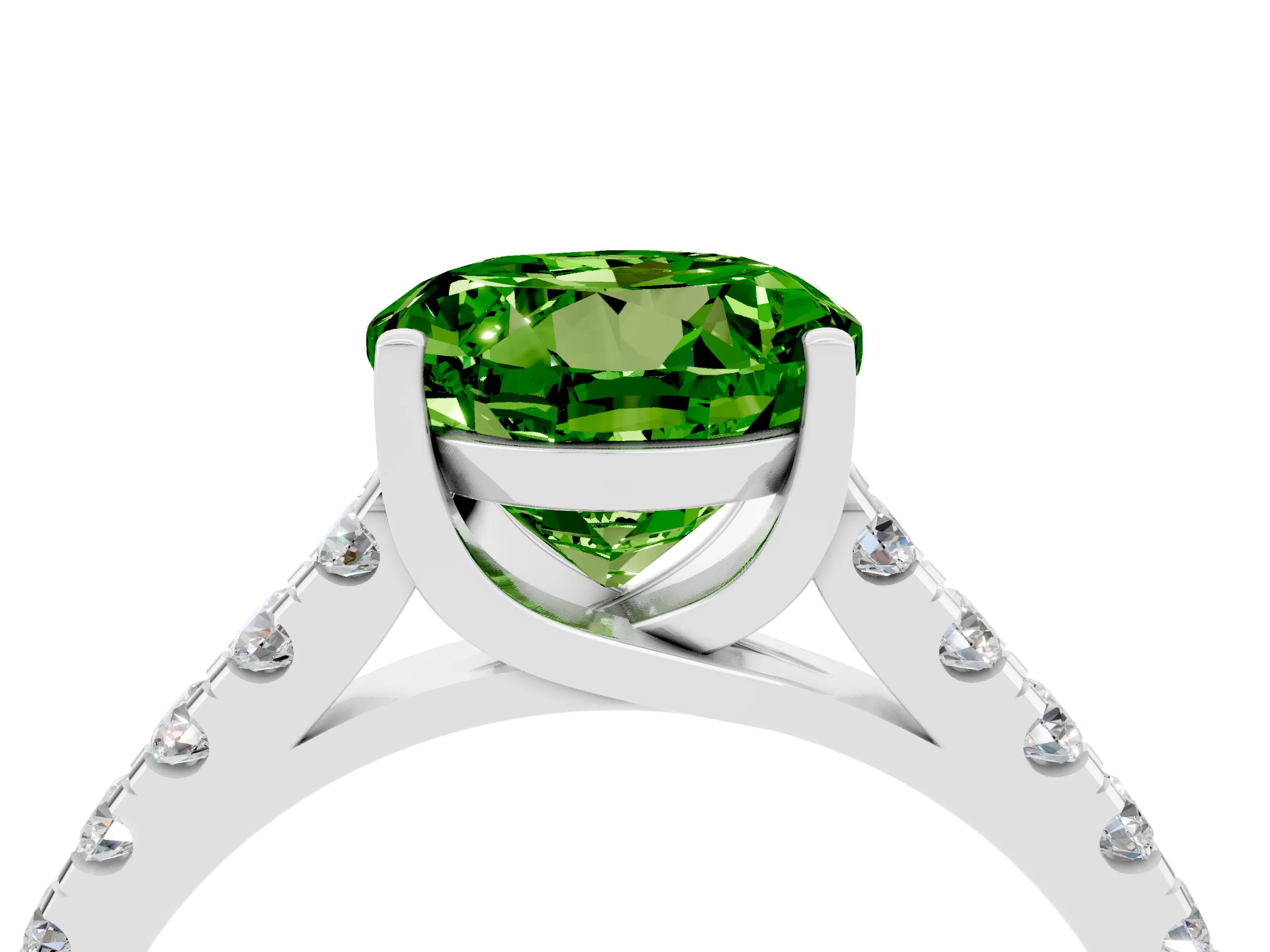 White gold {shape_name} Peridot Solitaire Ring with Pavé Band and Four-Prong Setting_4