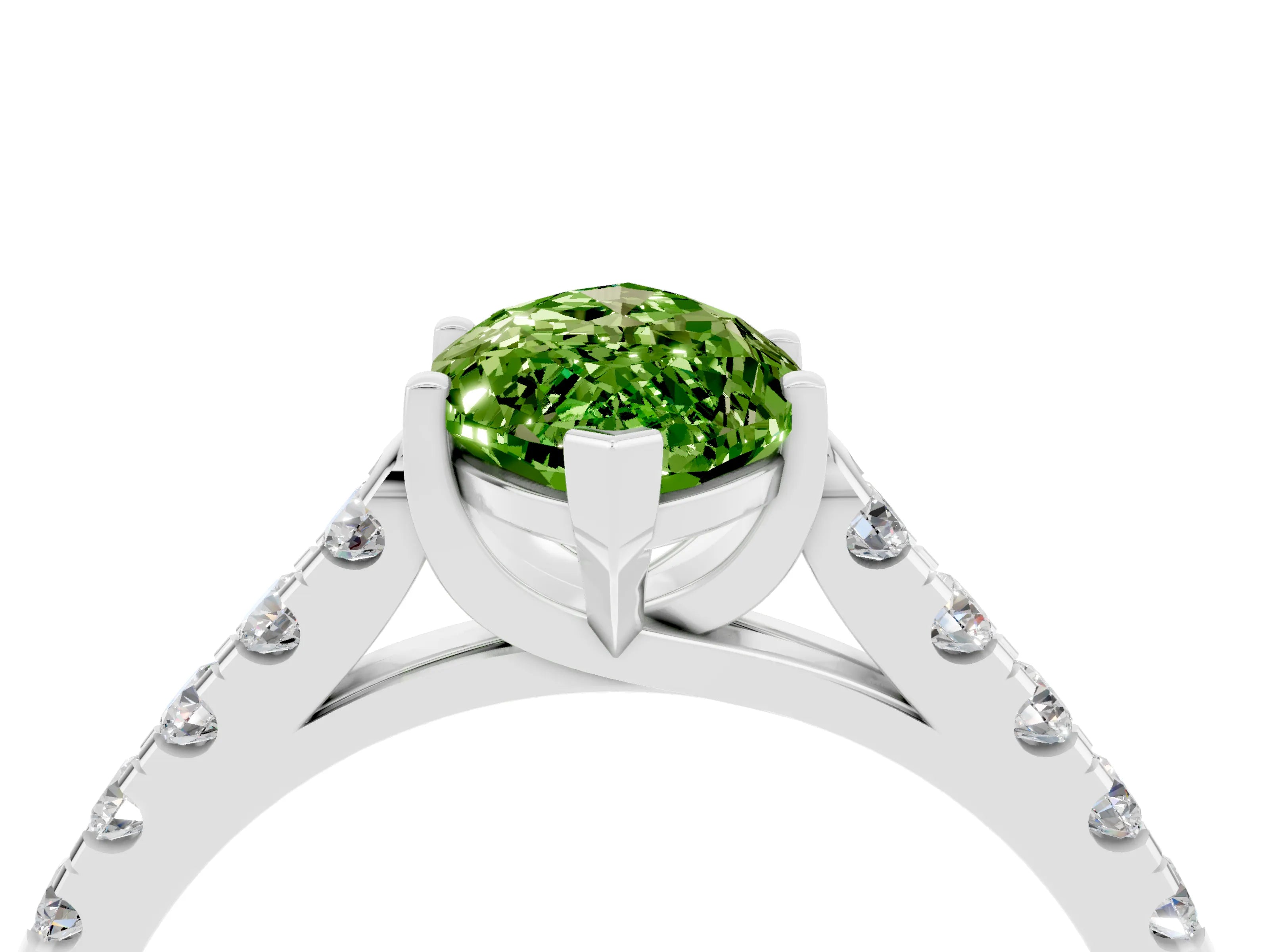White gold {shape_name} Peridot Solitaire Ring with Pavé Band and Four-Prong Setting_4