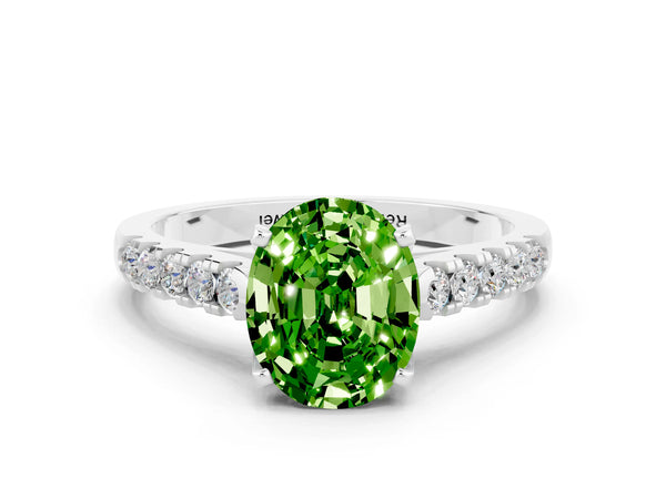 Platinum Oval Cut Peridot Pavé Band Solitaire Ring with Prong Setting