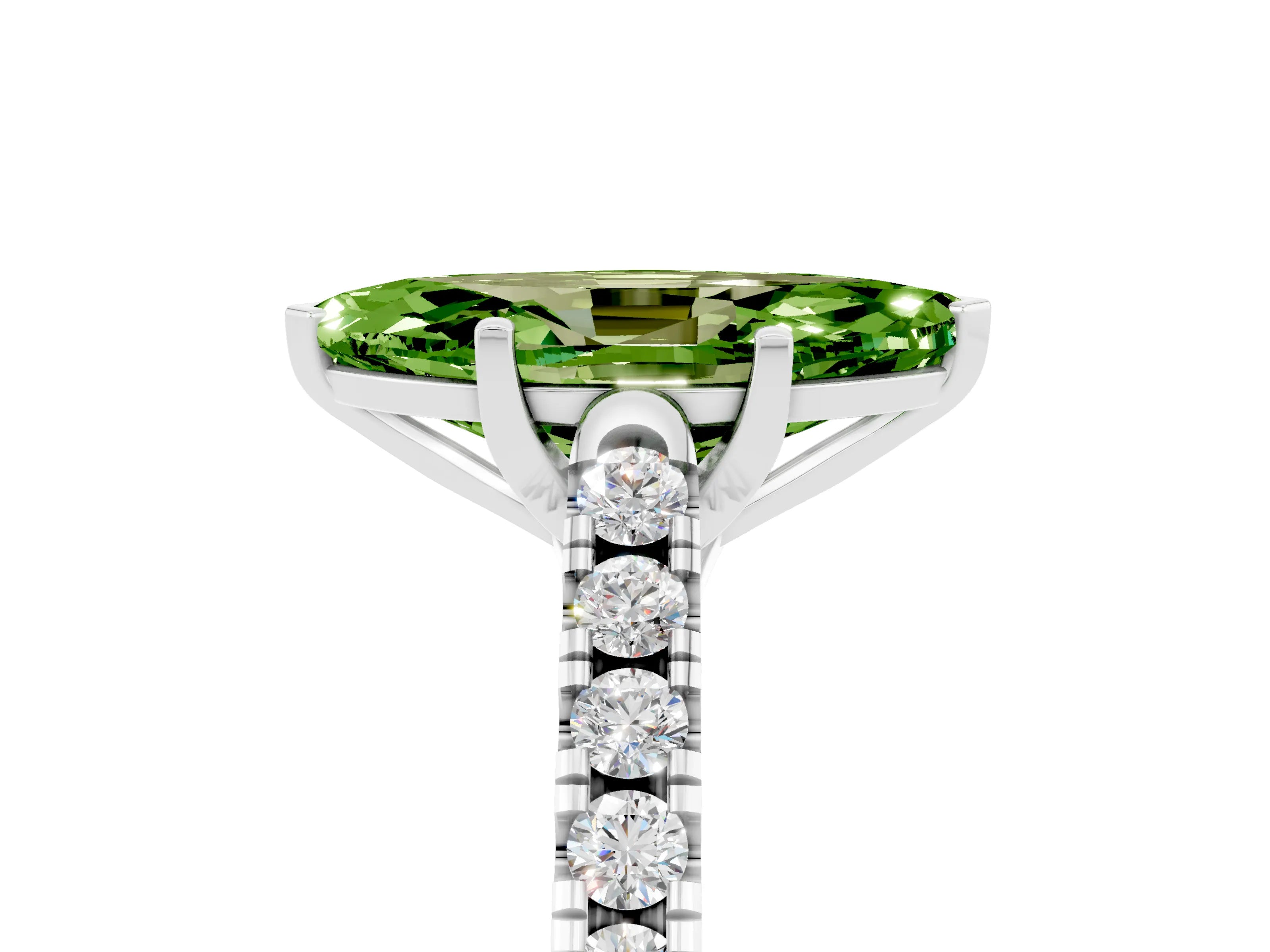 White gold {shape_name} Peridot Solitaire Ring with Pavé Band and Four-Prong Setting_5