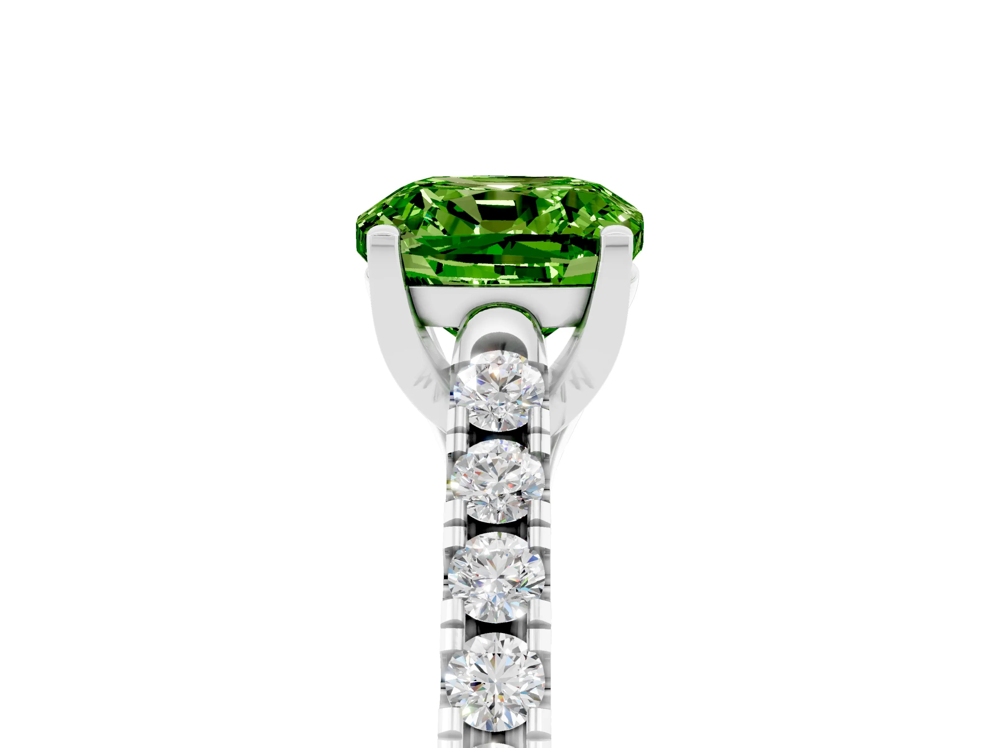 White gold {shape_name} Peridot Solitaire Ring with Pavé Band and Four-Prong Setting_5