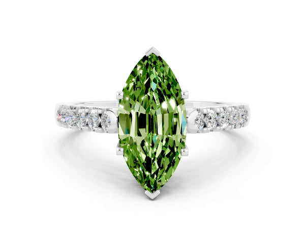 Platinum Marquise Cut Peridot Pavé Band Solitaire Ring with Prong Setting