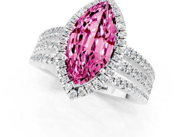 Platinum Marquise Cut Pink Sapphire Halo Engagement Ring with Split Shank and Four-Prong Setting