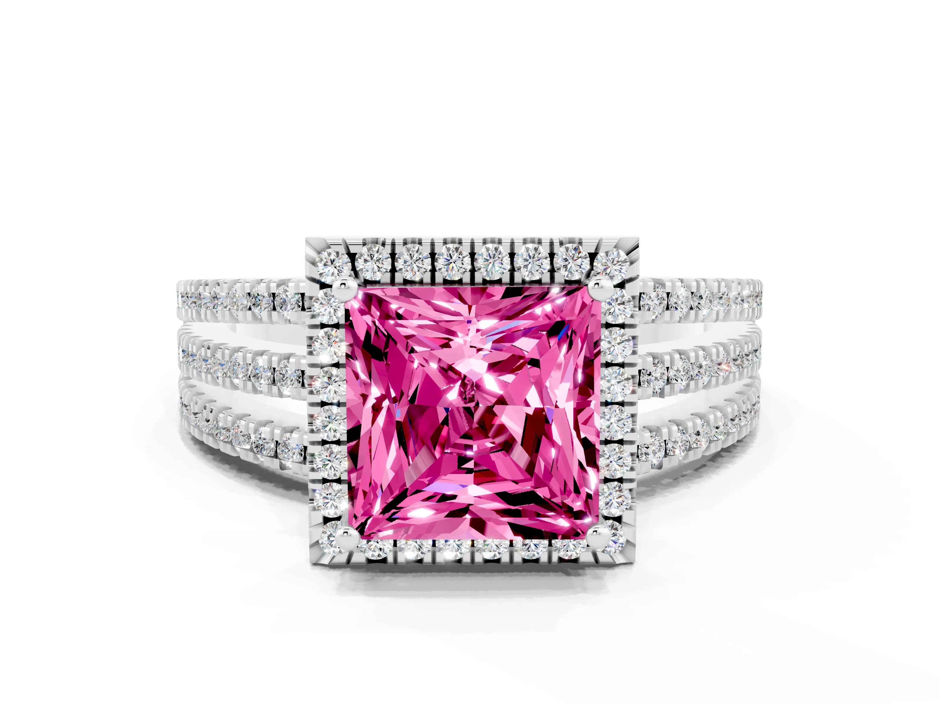 White gold {shape_name} Pink Sapphire Halo Engagement Ring with Split Shank and Four-Prong Setting_12