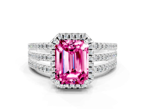 White gold {shape_name} Pink Sapphire Halo Engagement Ring with Split Shank and Four-Prong Setting_12