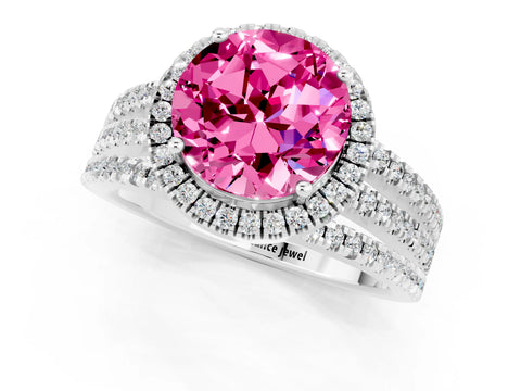 White gold {shape_name} Pink Sapphire Halo Engagement Ring with Split Shank and Four-Prong Setting_13