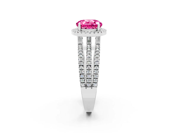 White gold Round Cut Pink Sapphire Halo Engagement Ring with Split Shank and Four-Prong Setting