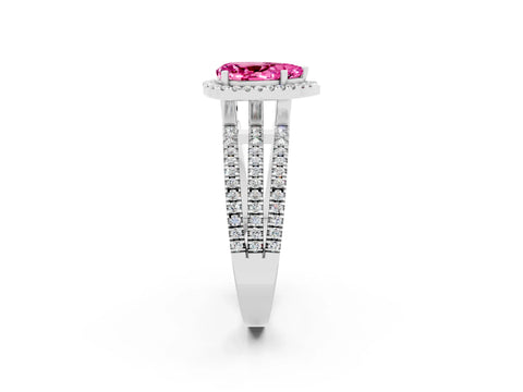 White gold {shape_name} Pink Sapphire Halo Engagement Ring with Split Shank and Four-Prong Setting_14