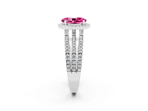 White gold Oval Cut Pink Sapphire Halo Engagement Ring with Split Shank and Four-Prong Setting