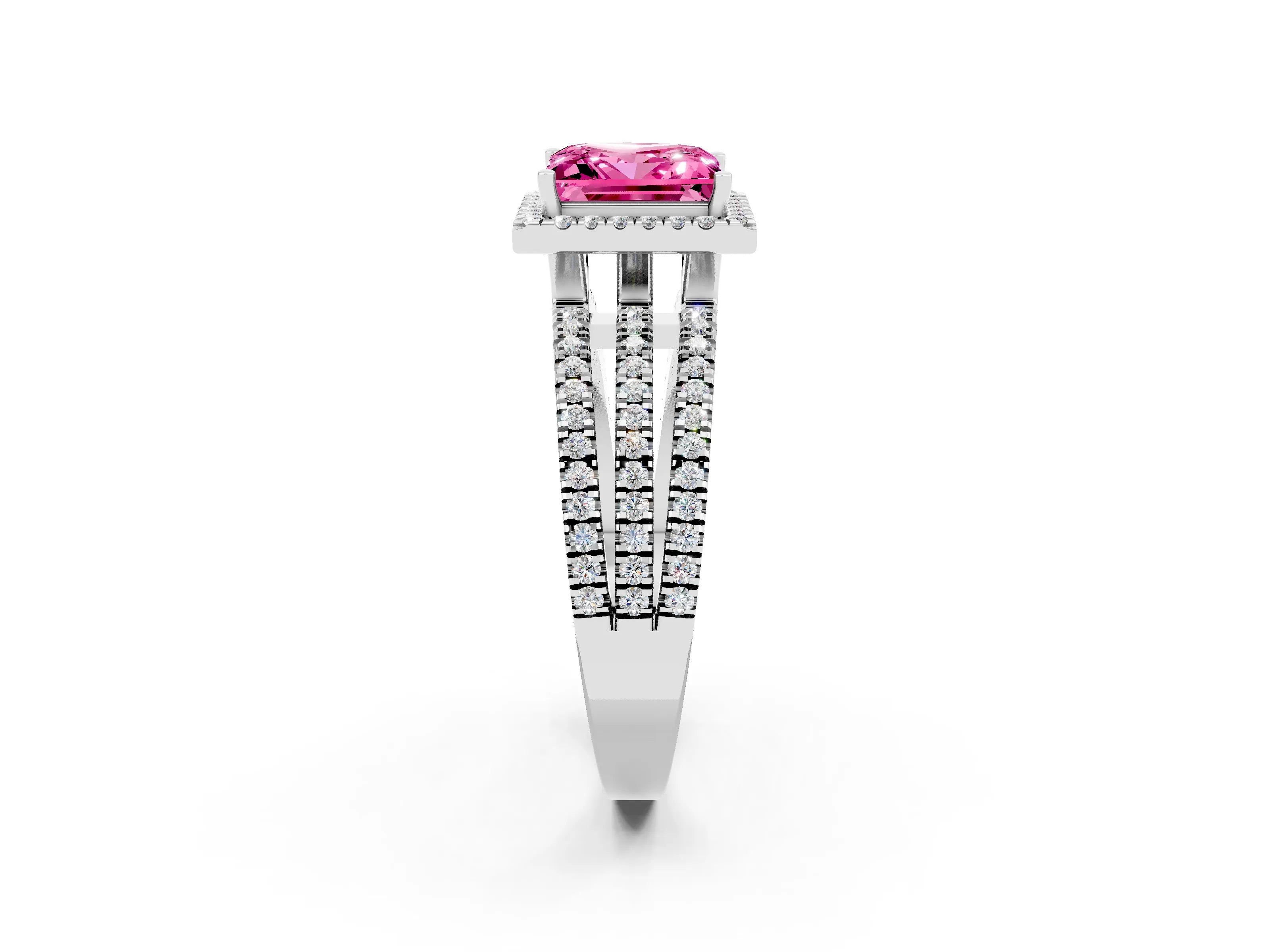 White gold {shape_name} Pink Sapphire Halo Engagement Ring with Split Shank and Four-Prong Setting_14