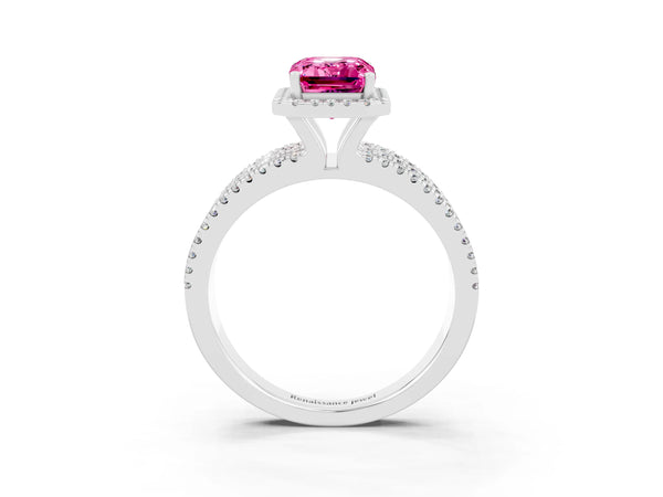 White gold Emerald Cut Pink Sapphire Halo Engagement Ring with Split Shank and Four-Prong Setting