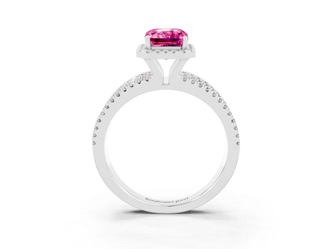 White gold {shape_name} Pink Sapphire Halo Engagement Ring with Split Shank and Four-Prong Setting_15