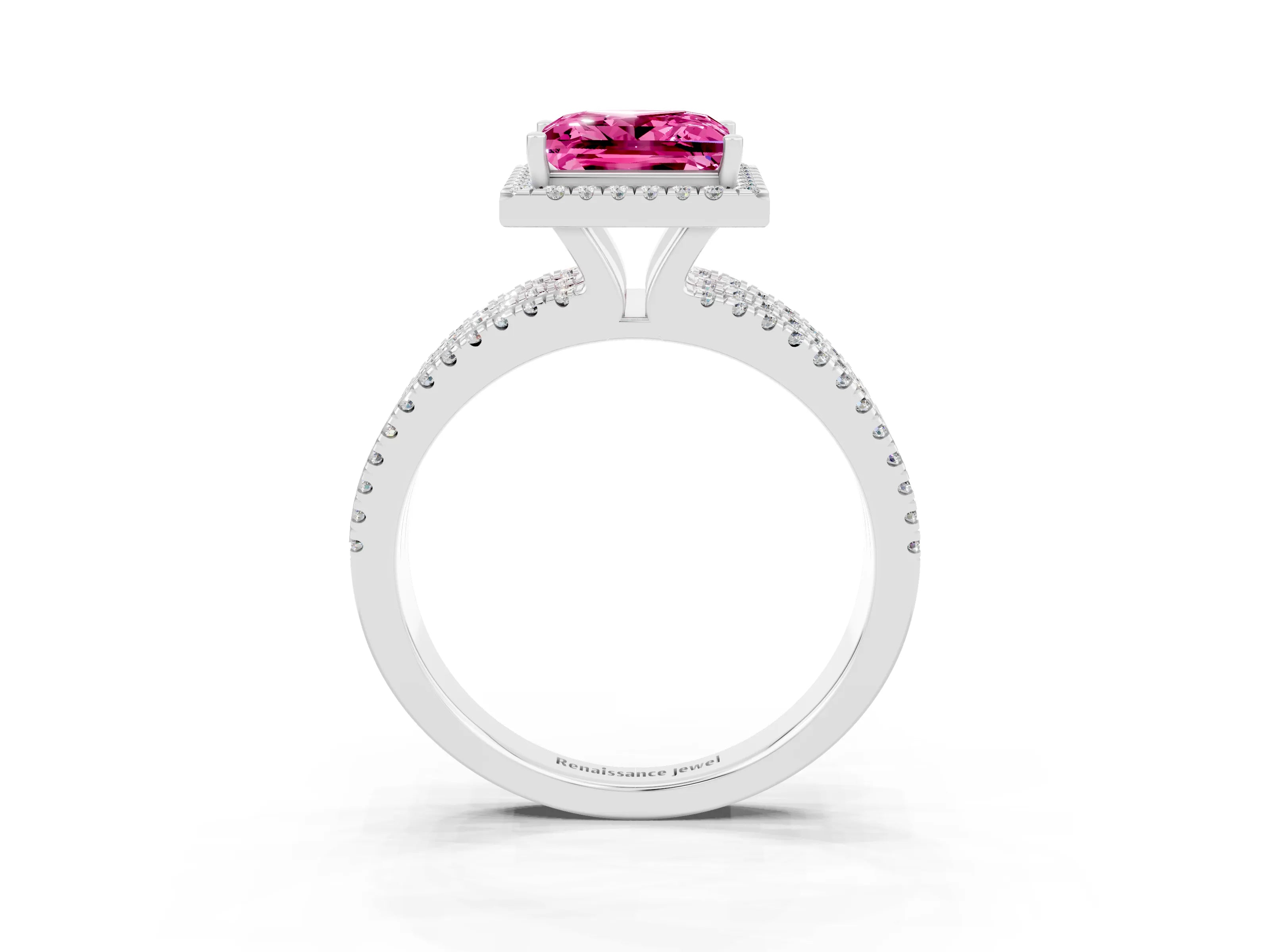 White gold {shape_name} Pink Sapphire Halo Engagement Ring with Split Shank and Four-Prong Setting_15