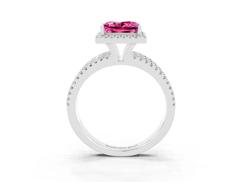 White gold {shape_name} Pink Sapphire Halo Engagement Ring with Split Shank and Four-Prong Setting_15
