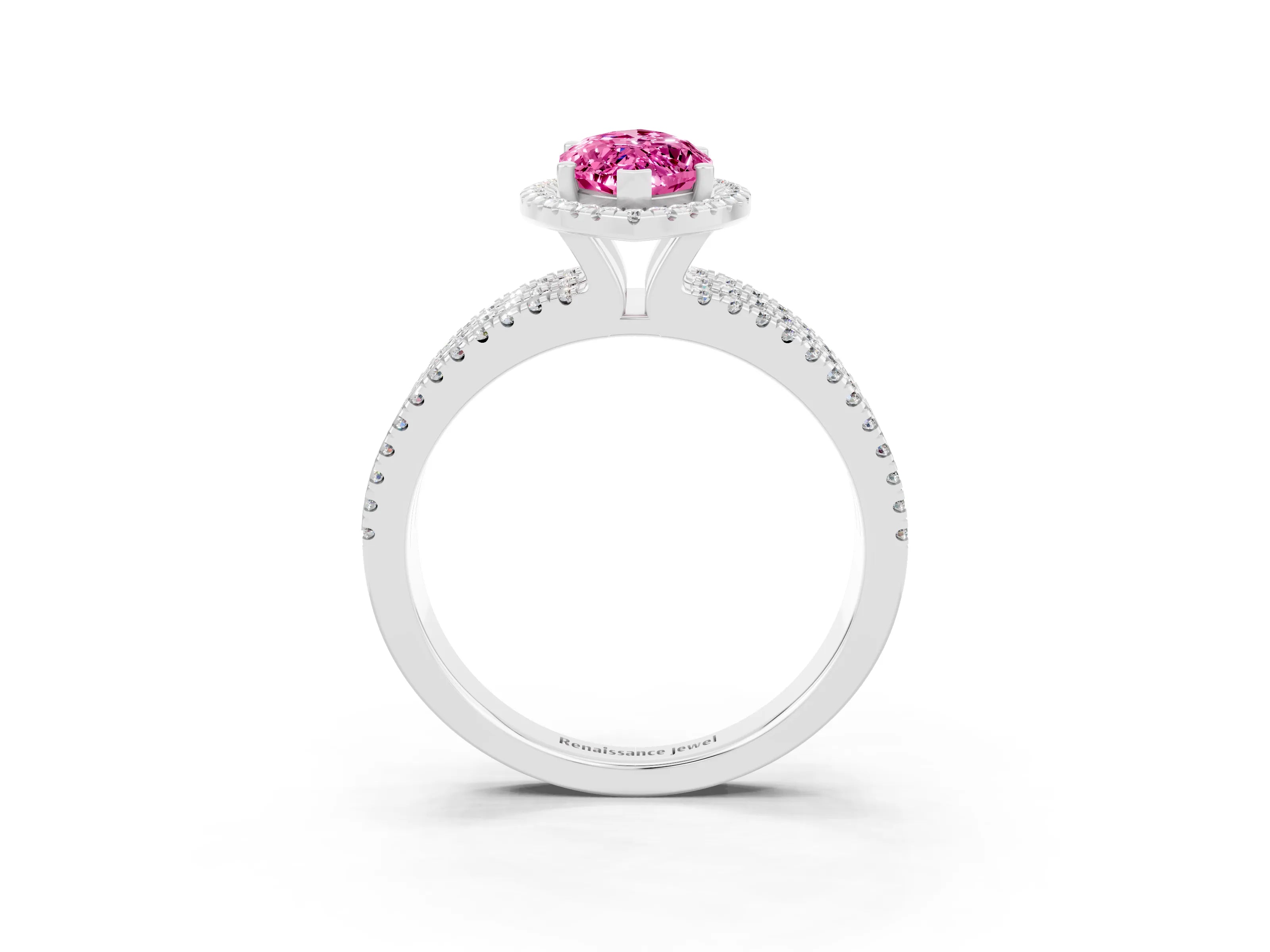 White gold {shape_name} Pink Sapphire Halo Engagement Ring with Split Shank and Four-Prong Setting_15