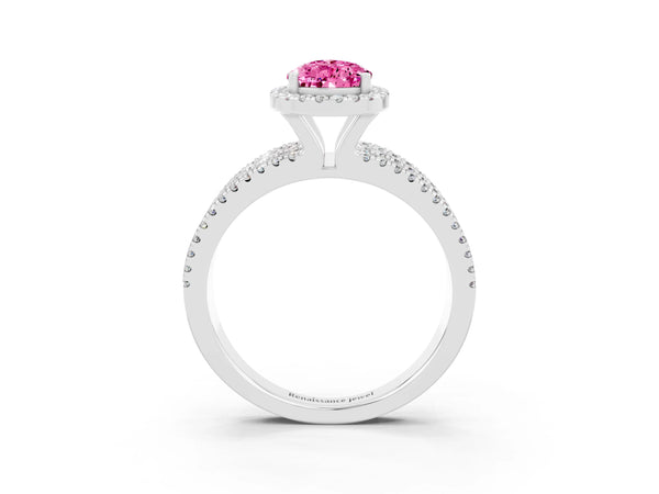 White gold Pear Cut Pink Sapphire Halo Engagement Ring with Split Shank and Four-Prong Setting