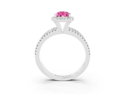 White gold {shape_name} Pink Sapphire Halo Engagement Ring with Split Shank and Four-Prong Setting_15