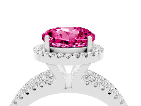 White gold {shape_name} Pink Sapphire Halo Engagement Ring with Split Shank and Four-Prong Setting_16