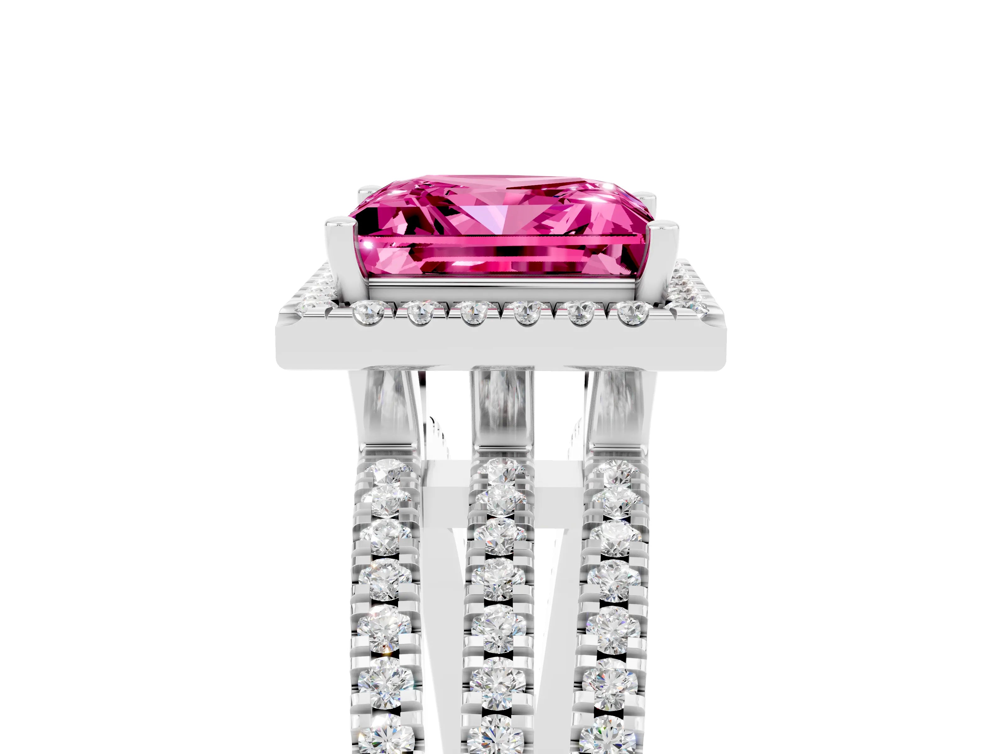White gold {shape_name} Pink Sapphire Halo Engagement Ring with Split Shank and Four-Prong Setting_17