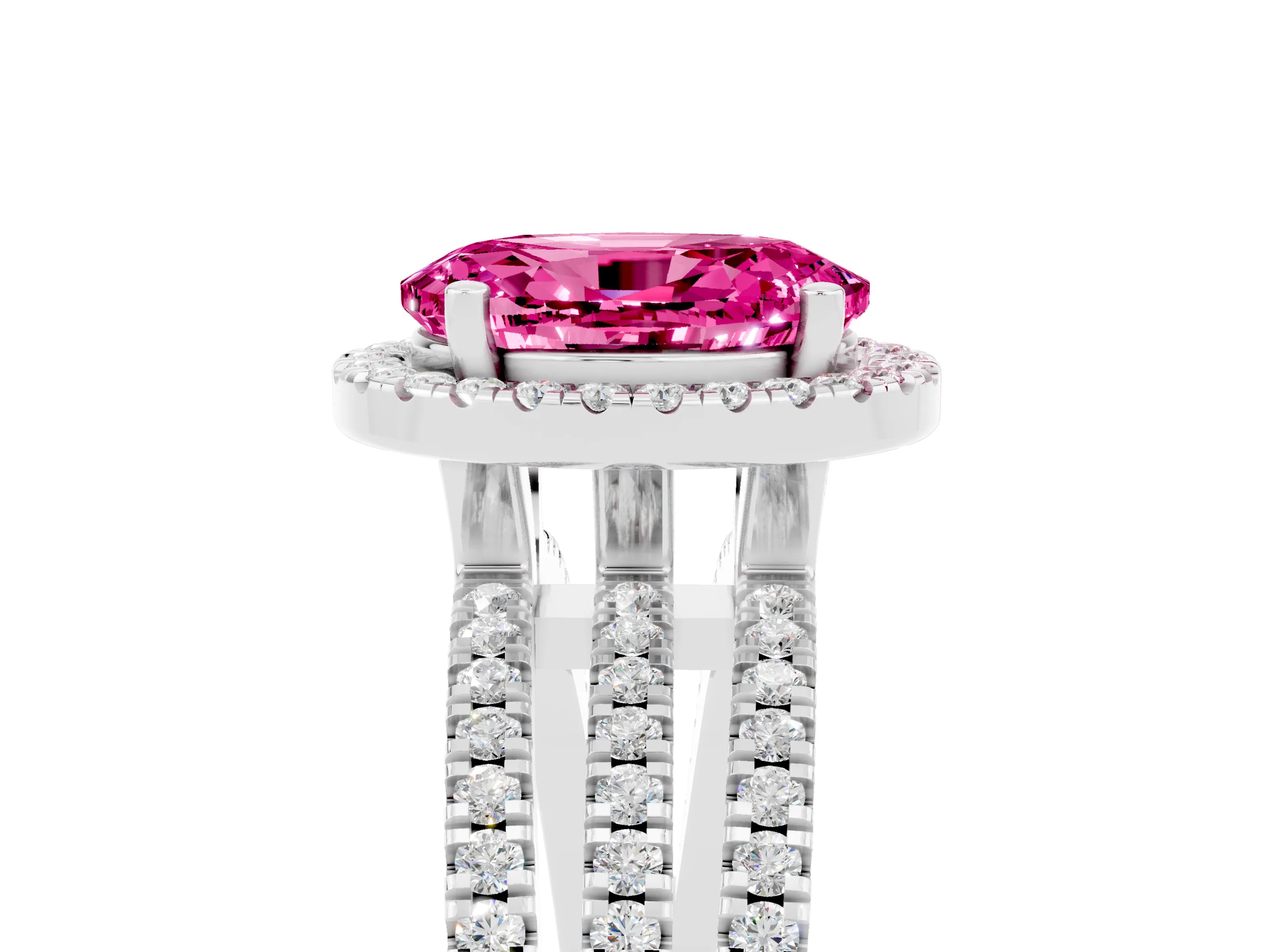 White gold {shape_name} Pink Sapphire Halo Engagement Ring with Split Shank and Four-Prong Setting_17
