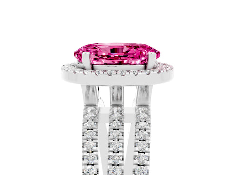 White gold {shape_name} Pink Sapphire Halo Engagement Ring with Split Shank and Four-Prong Setting_17