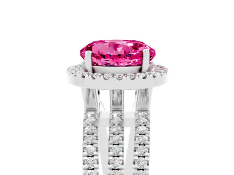 White gold {shape_name} Pink Sapphire Halo Engagement Ring with Split Shank and Four-Prong Setting_17