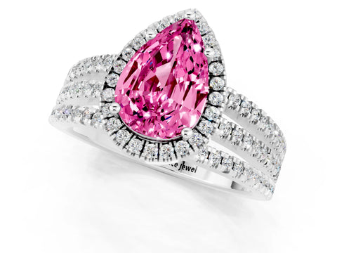 White gold {shape_name} Pink Sapphire Halo Engagement Ring with Split Shank and Four-Prong Setting_1