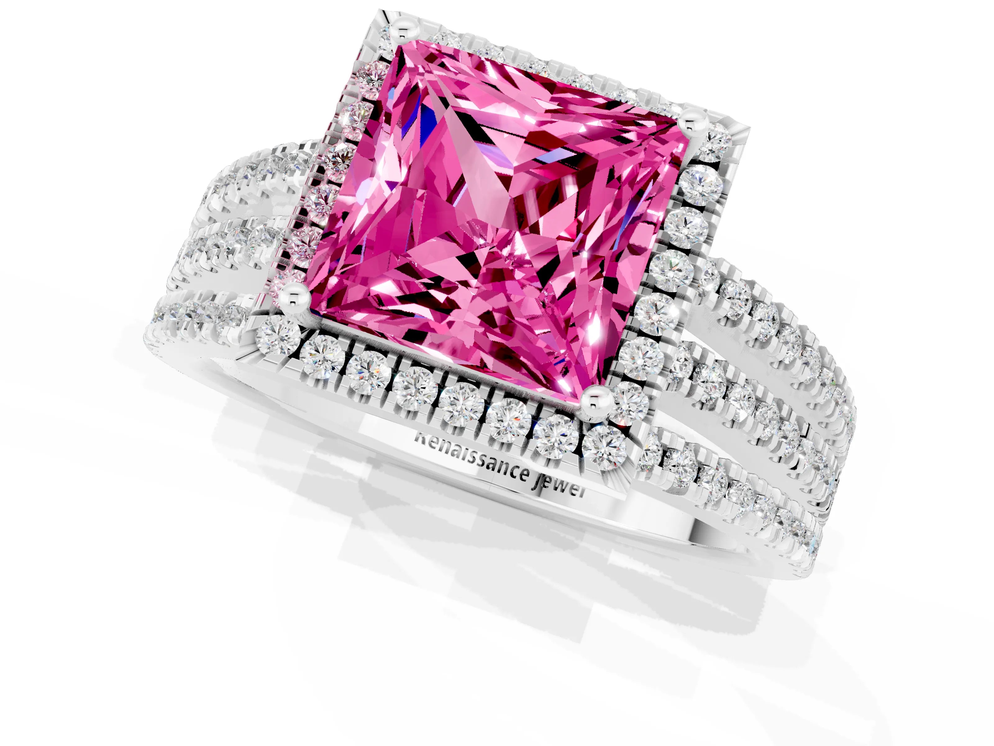 White gold {shape_name} Pink Sapphire Halo Engagement Ring with Split Shank and Four-Prong Setting_1