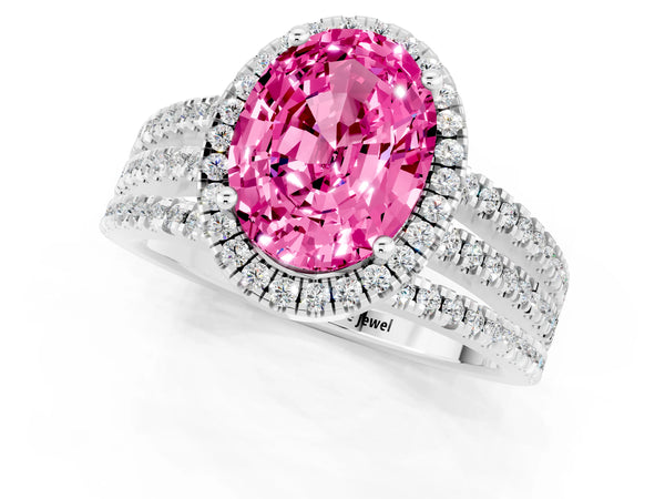 Silver Oval Cut Pink Sapphire Halo Engagement Ring with Split Shank and Four-Prong Setting