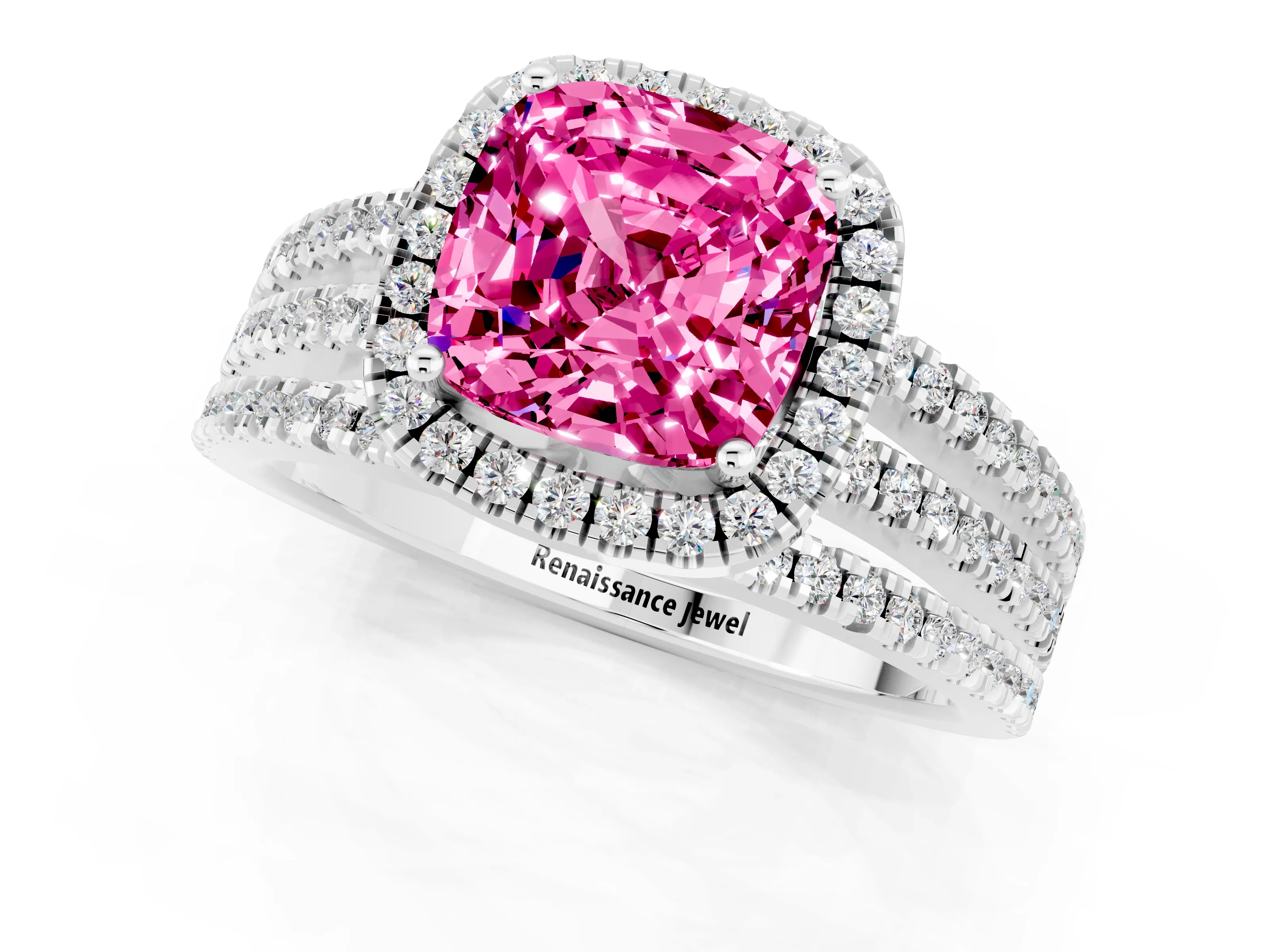 White gold {shape_name} Pink Sapphire Halo Engagement Ring with Split Shank and Four-Prong Setting_1