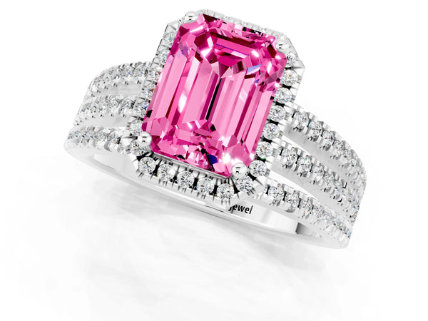 Platinum Emerald Cut Pink Sapphire Halo Engagement Ring with Split Shank and Four-Prong Setting