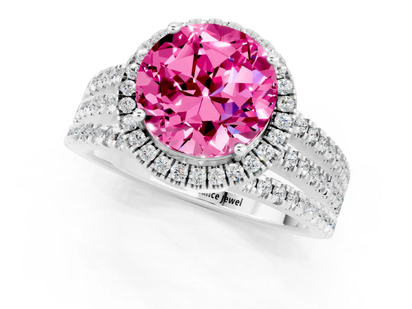 Platinum Round Cut Pink Sapphire Halo Engagement Ring with Split Shank and Four-Prong Setting