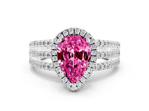 White gold {shape_name} Pink Sapphire Halo Engagement Ring with Split Shank and Four-Prong Setting