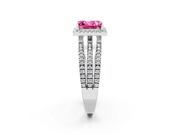 Silver Princess Cut Pink Sapphire Halo Engagement Ring with Split Shank and Four-Prong Setting