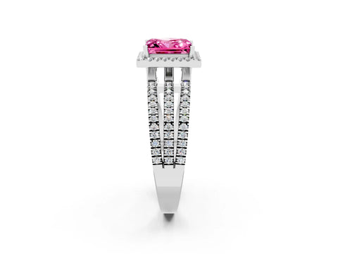 White gold {shape_name} Pink Sapphire Halo Engagement Ring with Split Shank and Four-Prong Setting_2