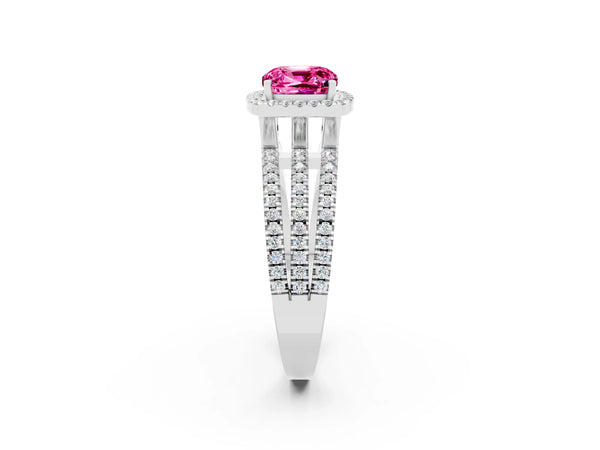 Silver Cushion Cut Pink Sapphire Halo Engagement Ring with Split Shank and Four-Prong Setting