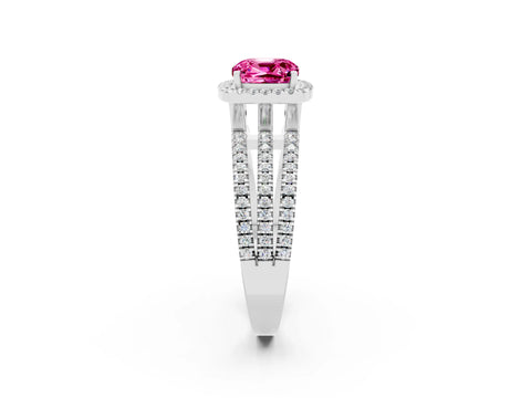 White gold {shape_name} Pink Sapphire Halo Engagement Ring with Split Shank and Four-Prong Setting_2