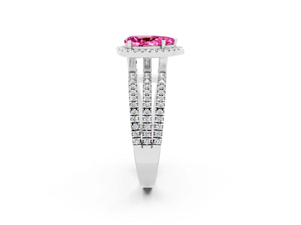 Platinum Pear Cut Pink Sapphire Halo Engagement Ring with Split Shank and Four-Prong Setting