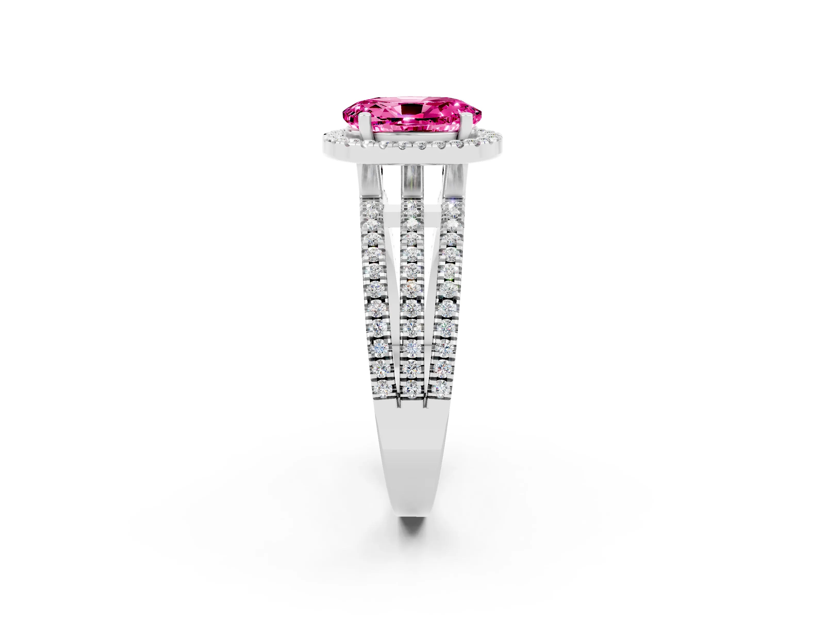 White gold {shape_name} Pink Sapphire Halo Engagement Ring with Split Shank and Four-Prong Setting_2