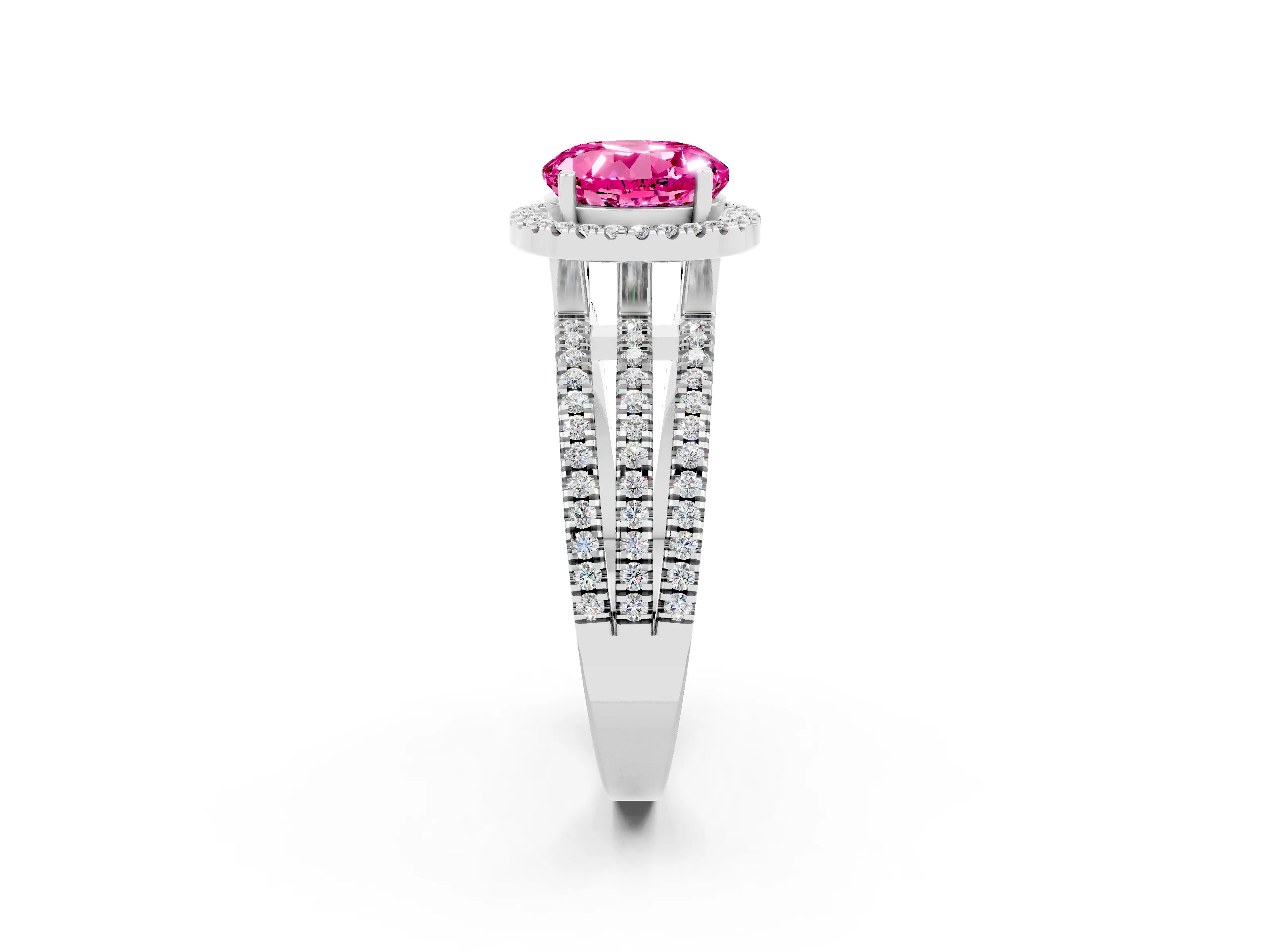 White gold {shape_name} Pink Sapphire Halo Engagement Ring with Split Shank and Four-Prong Setting_2