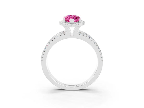 Platinum Marquise Cut Pink Sapphire Halo Engagement Ring with Split Shank and Four-Prong Setting