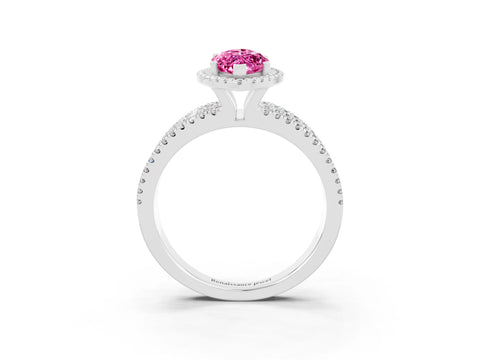 White gold {shape_name} Pink Sapphire Halo Engagement Ring with Split Shank and Four-Prong Setting_3