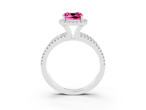 White gold {shape_name} Pink Sapphire Halo Engagement Ring with Split Shank and Four-Prong Setting_3