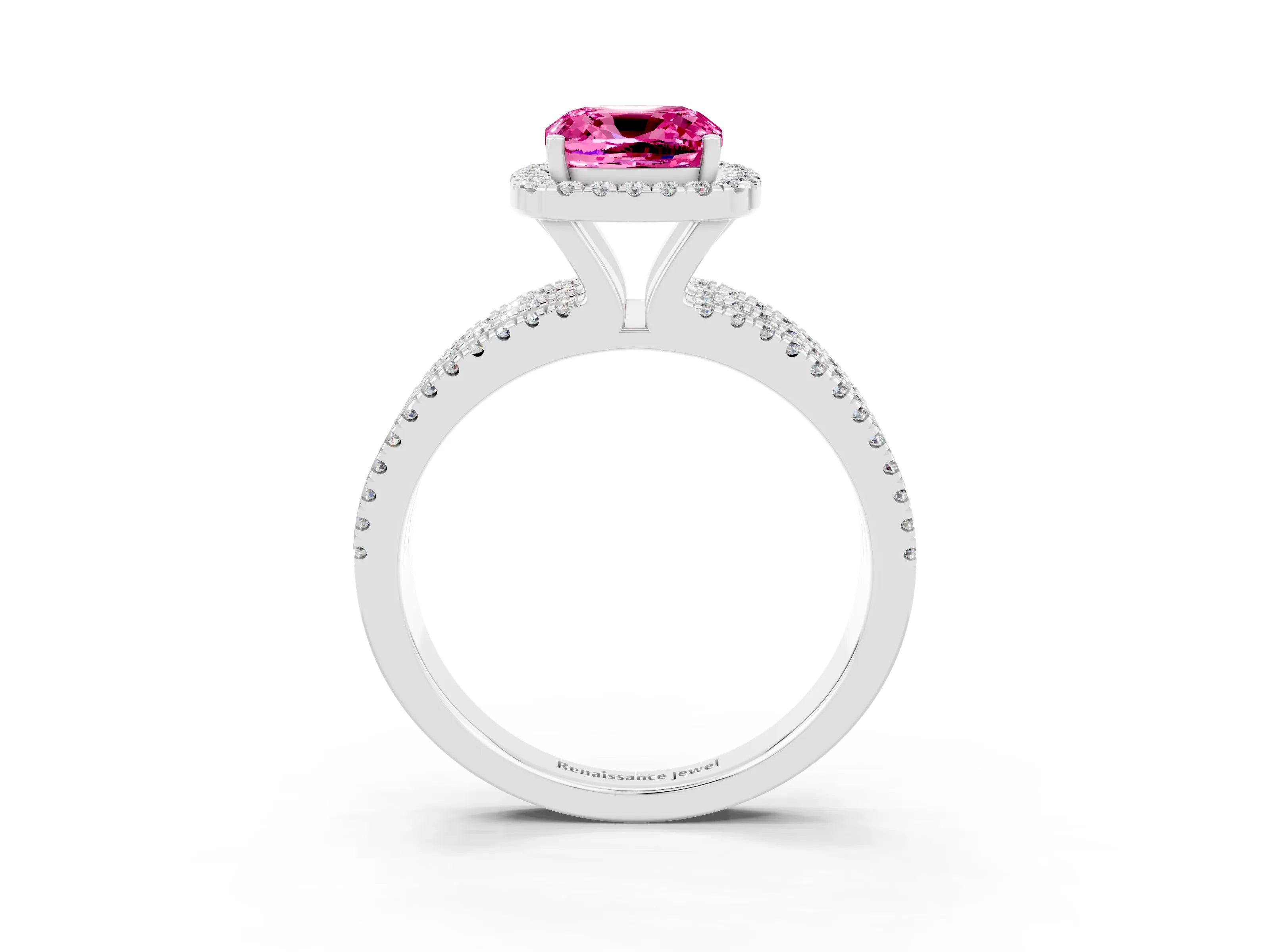 White gold {shape_name} Pink Sapphire Halo Engagement Ring with Split Shank and Four-Prong Setting_3