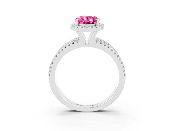 Silver Oval Cut Pink Sapphire Halo Engagement Ring with Split Shank and Four-Prong Setting