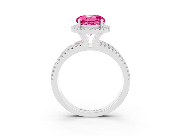 Platinum Round Cut Pink Sapphire Halo Engagement Ring with Split Shank and Four-Prong Setting