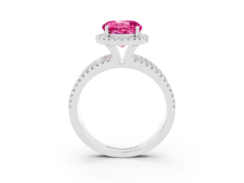 White gold {shape_name} Pink Sapphire Halo Engagement Ring with Split Shank and Four-Prong Setting_3