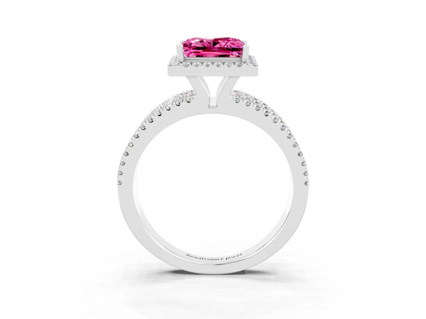 Silver Princess Cut Pink Sapphire Halo Engagement Ring with Split Shank and Four-Prong Setting