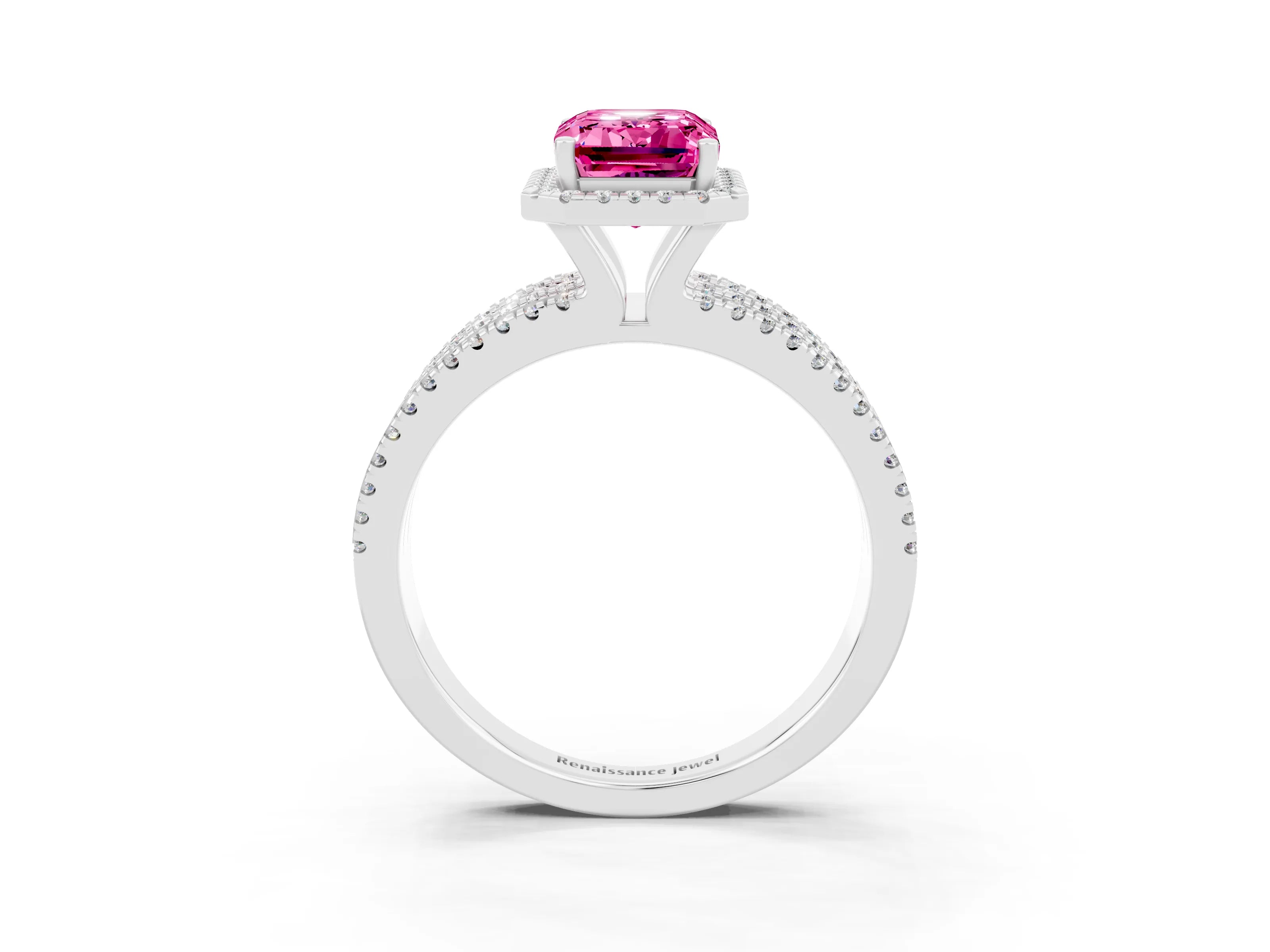 White gold {shape_name} Pink Sapphire Halo Engagement Ring with Split Shank and Four-Prong Setting_3